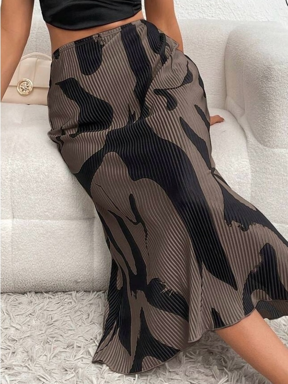 Abstract Pleated Maxi Skirt Women’s M Black Mocha Swirl Y2K Flowy